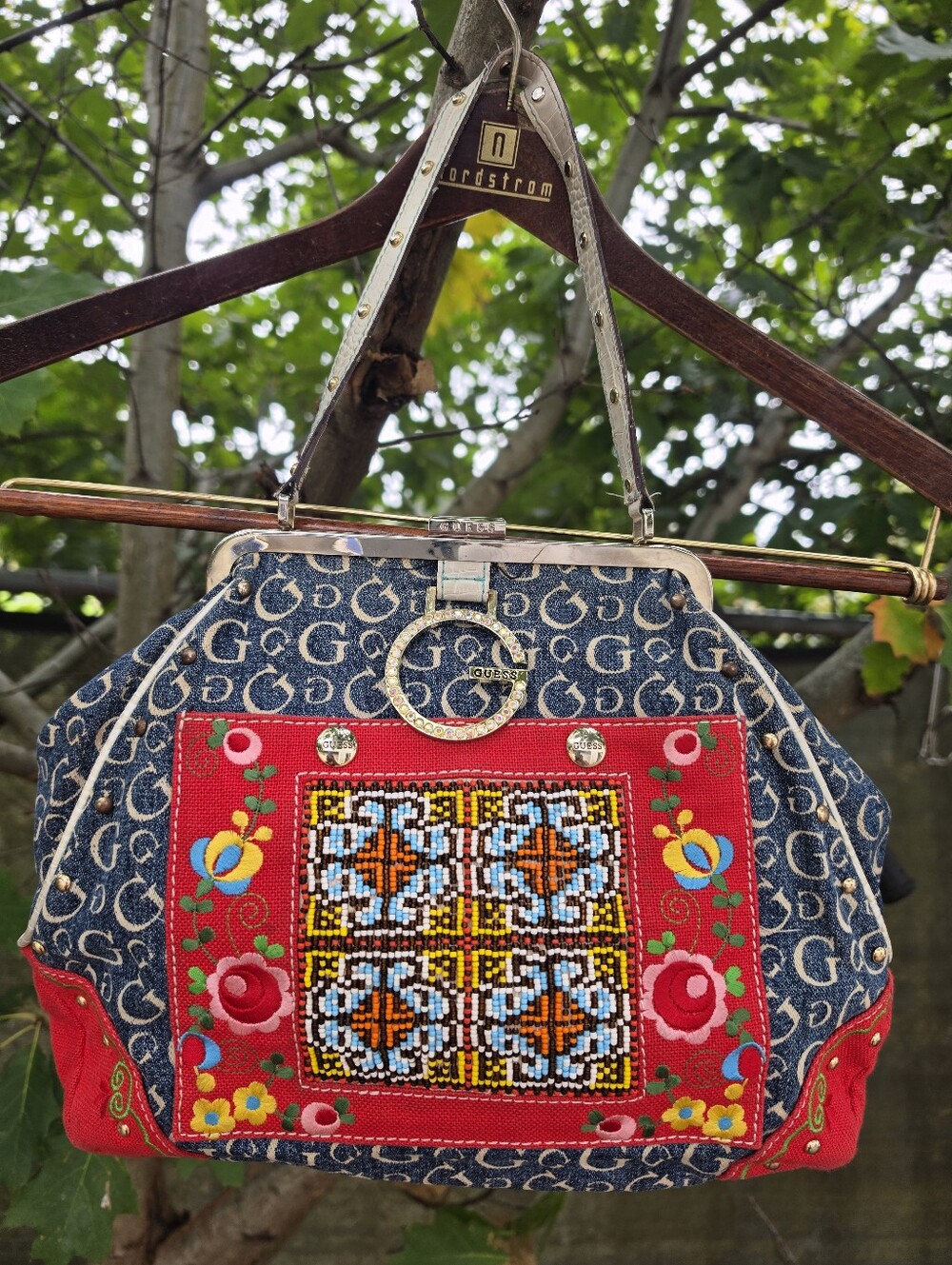 Vtg Y2K Guess Denim Embroidered Hand Bag Boho Chic Festival McBling Cottagecore